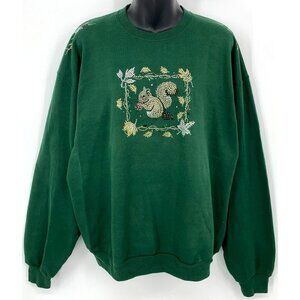 Christine Alexander Women Sweater Large Green Beaded Squirrel Fleece Vintage 90s